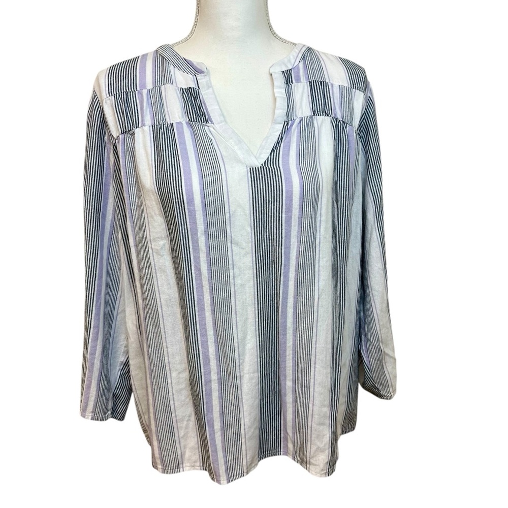 SPLENDID‎ Linen Striped V-Neck Tunic Top Sz L White Boxy Summer Loose Fit Casual